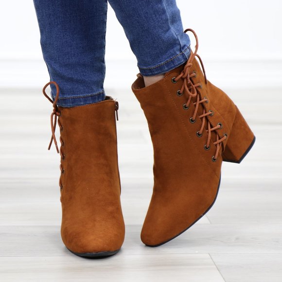 Brown Faux Suede Ankle Booties Side Laced Up - Picture 10 of 11